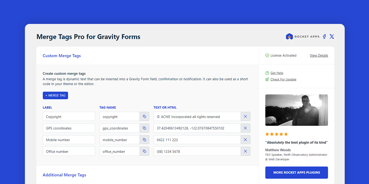 The settings interface of the Merge Tags Pro for Gravity Forms plugin for WordPress