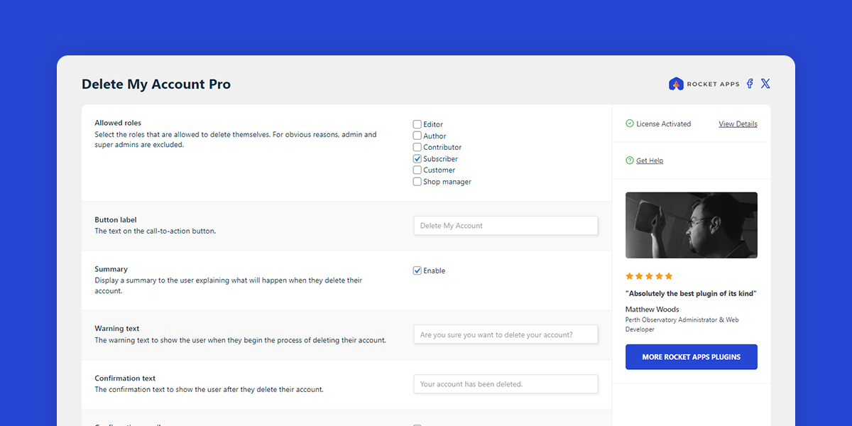 The settings interface of the Delete My Account Pro plugin for WordPress