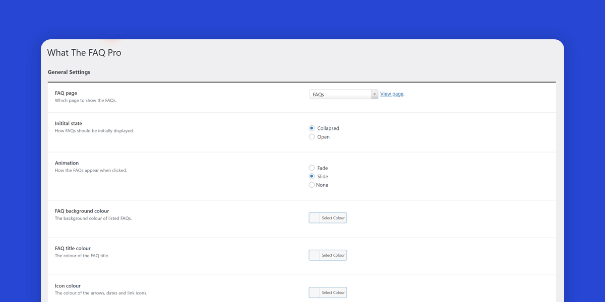 The settings interface of the What The FAQ Pro plugin for WordPress