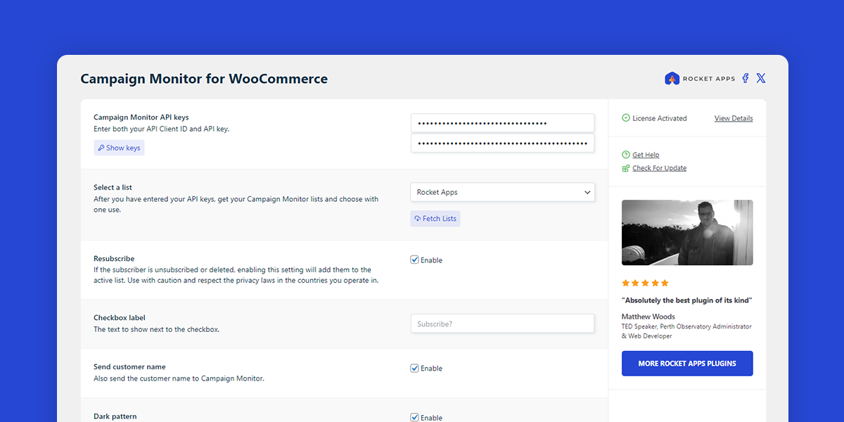 The settings interface of the Campaign Monitor Pro for WooCommerce plugin for WordPress