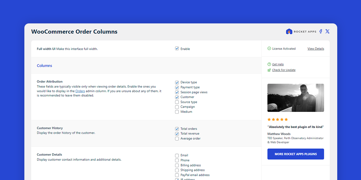 The settings interface of the WooCommerce Order Columns plugin for WordPress