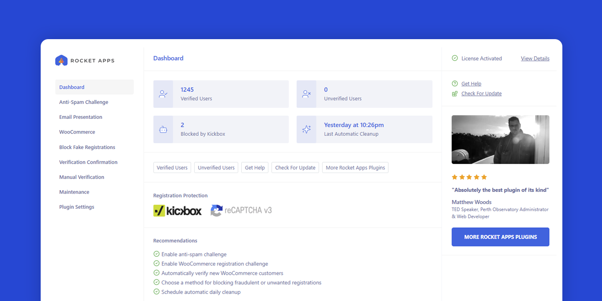 New User Verify plugin for WordPress The settings interface of the New User Verify plugin for WordPress