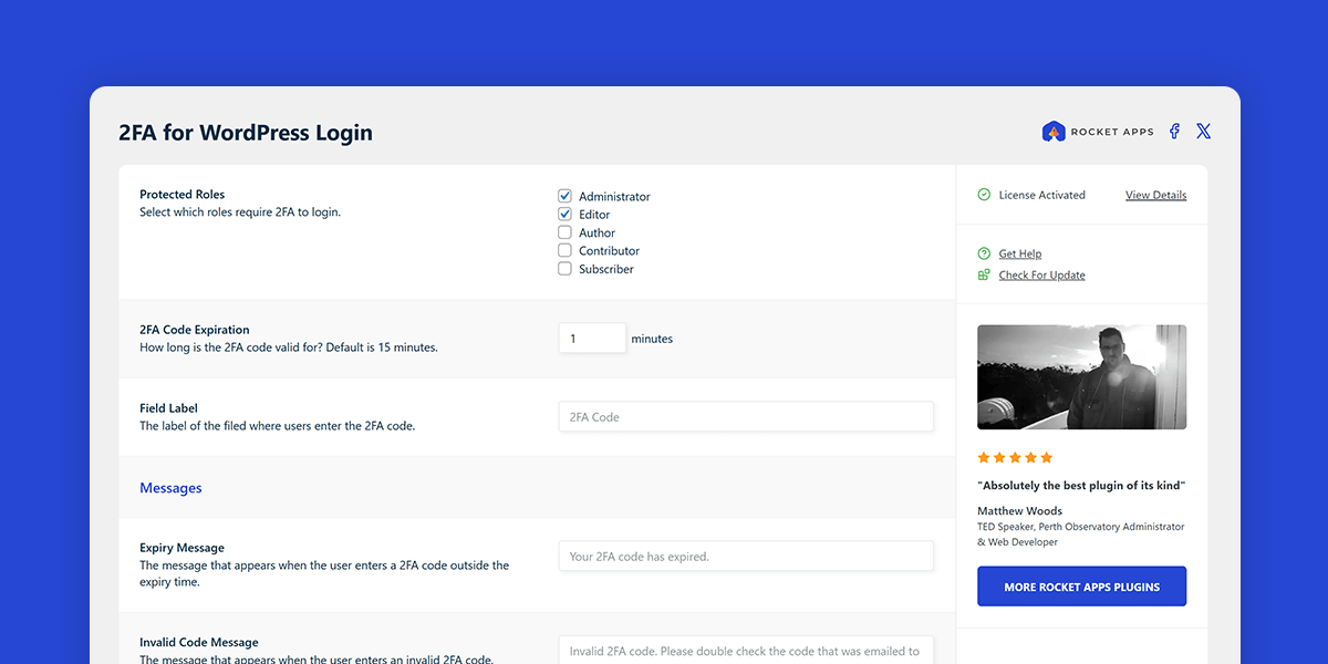 The settings interface of the 2FA for WordPress Login plugin for WordPress