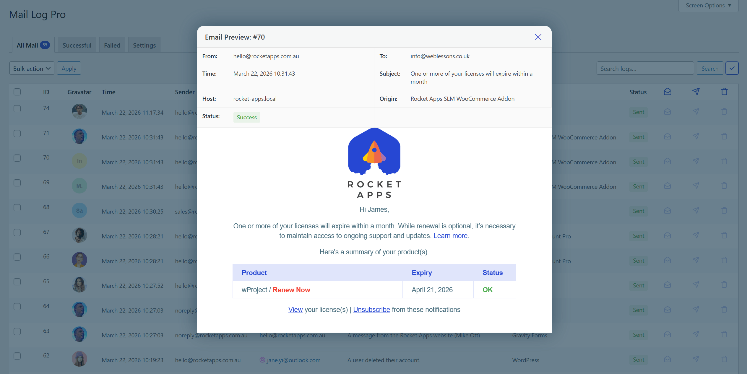 Mail log for WordPress