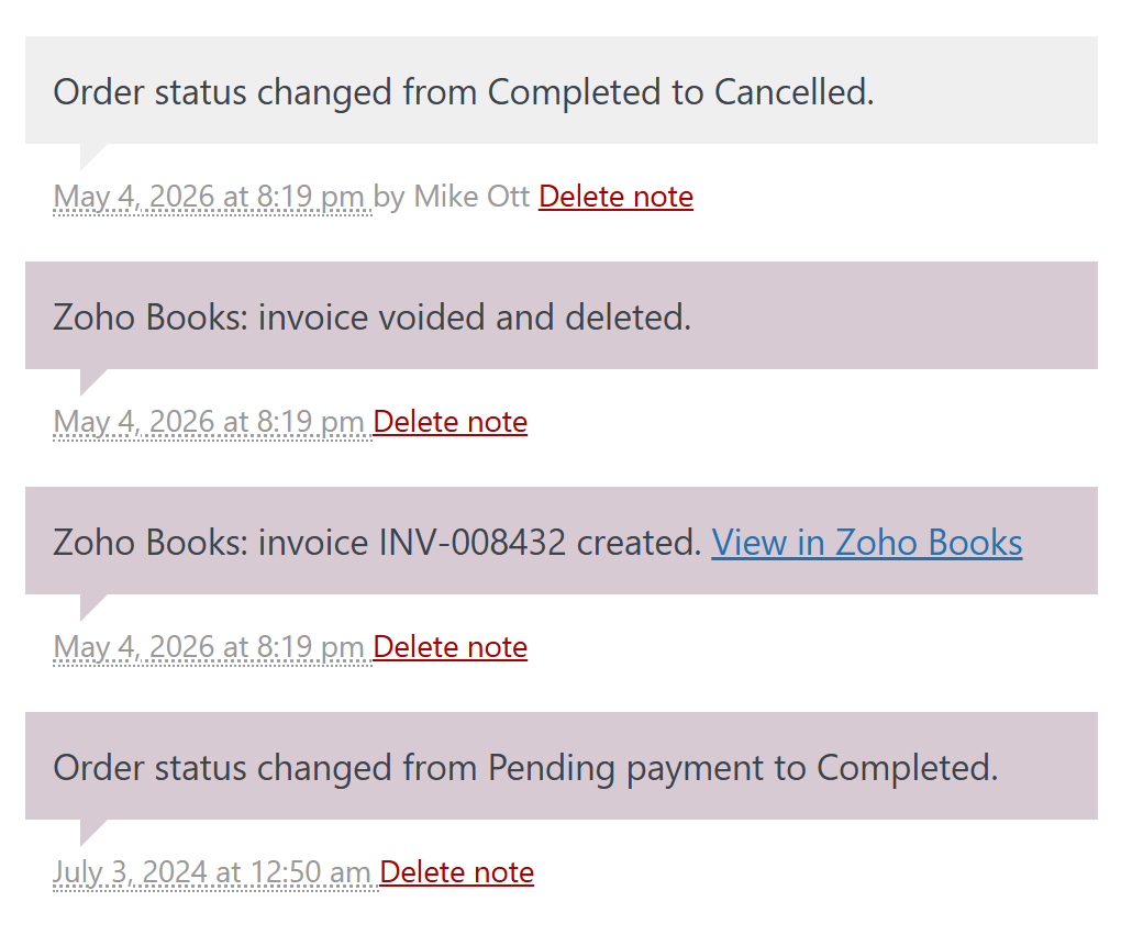 WooCommerce to Zoho Books Order Notes